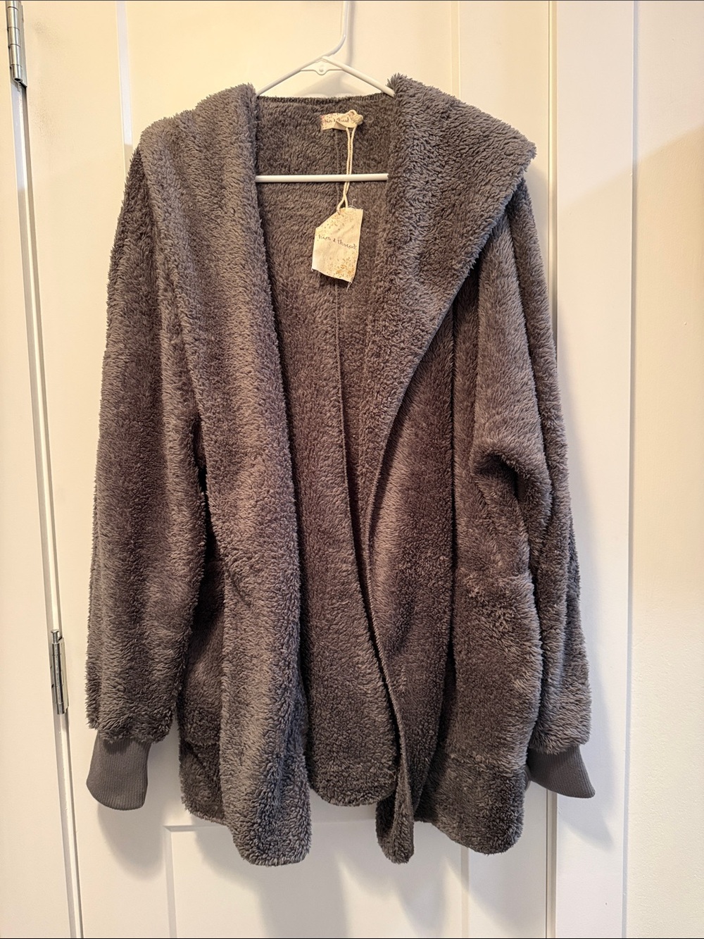 Hem & Thread Women's Plush Hooded Teddy Jacket - Gray One Size NWT